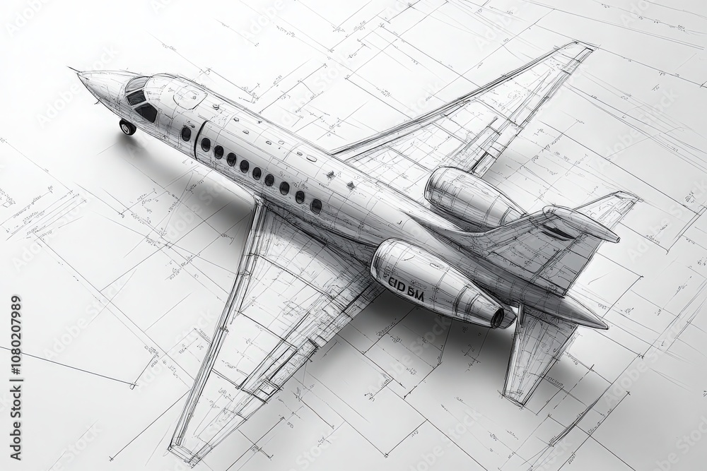 A detailed technical sketch outlines the design of a private jet, highlighting dimensions, structure, and aerodynamic features. The drawing serves as a blueprint for aerospace engineering purposes.