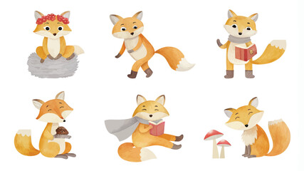  Cute foxes set. Cute cartoon animals. Vector illustration