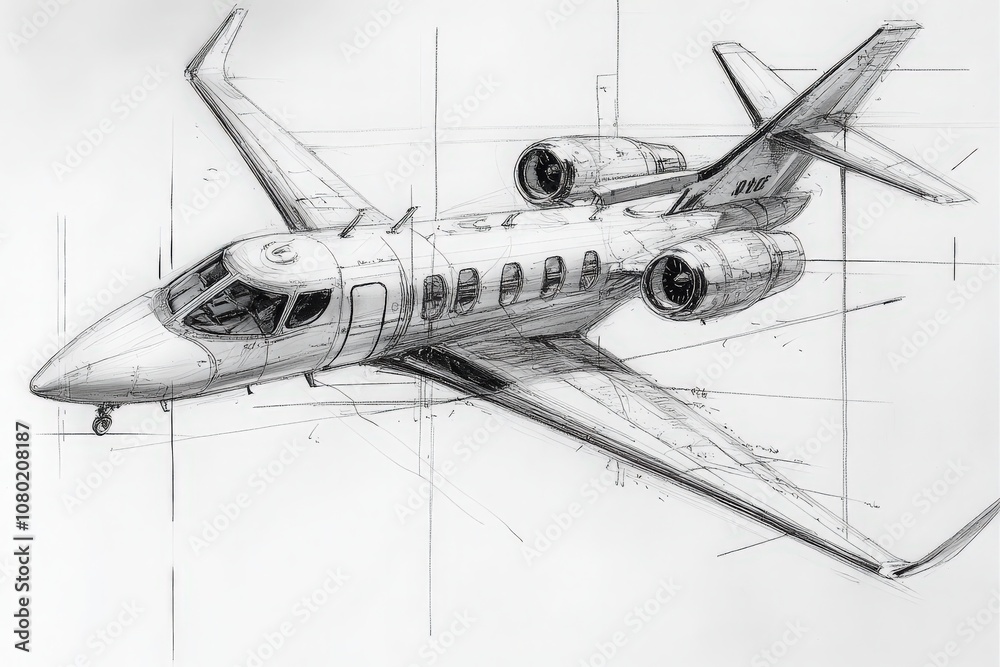 This technical sketch showcases a meticulously detailed design of a private jet, highlighting its streamlined fuselage and twin-engine configuration. The drawing emphasizes aerodynamics and luxury.