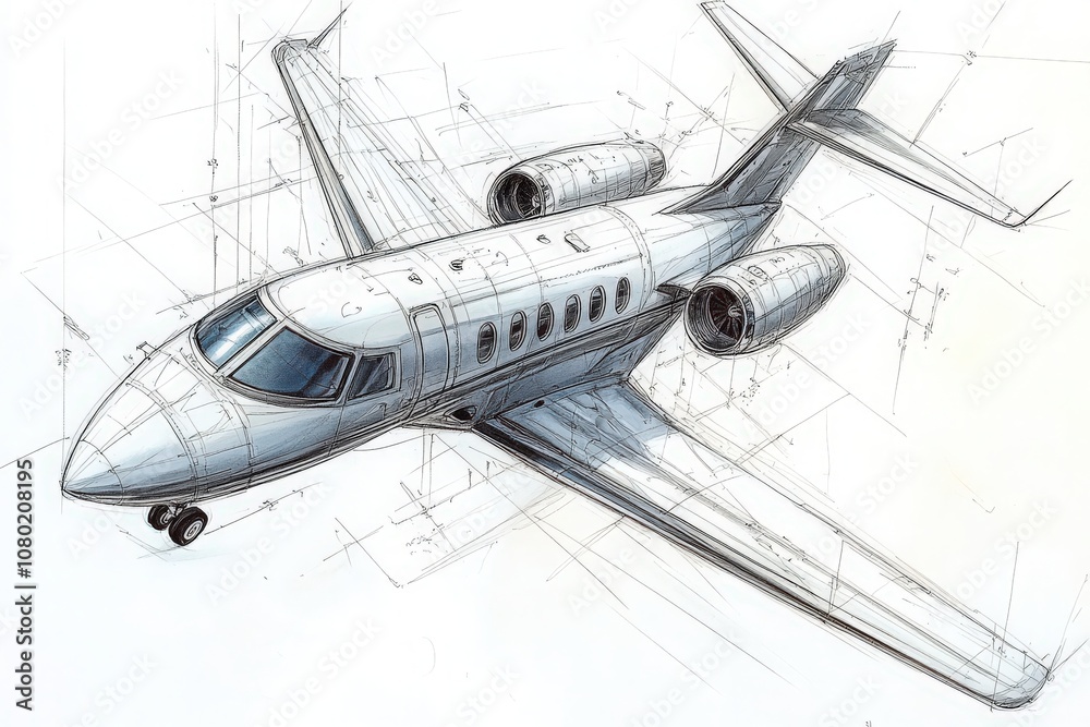 A detailed technical sketch outlines the design of a private jet, showcasing its aerodynamic features, engine placement, and structural components, emphasizing precision in the drawing.