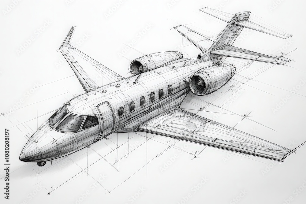 This technical sketch details a private jet design, highlighting its aerodynamic shape, wing structure, and engine placement. The intricate lines and measurements indicate precision engineering.