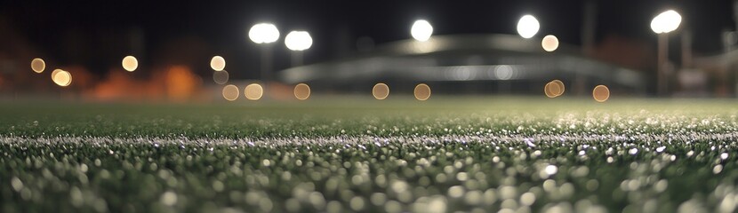 Poster - A nighttime view of a sports field with artificial turf and illuminated surroundings.