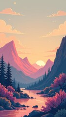 Poster - A beautiful landscape with a large yellow moon in the sky