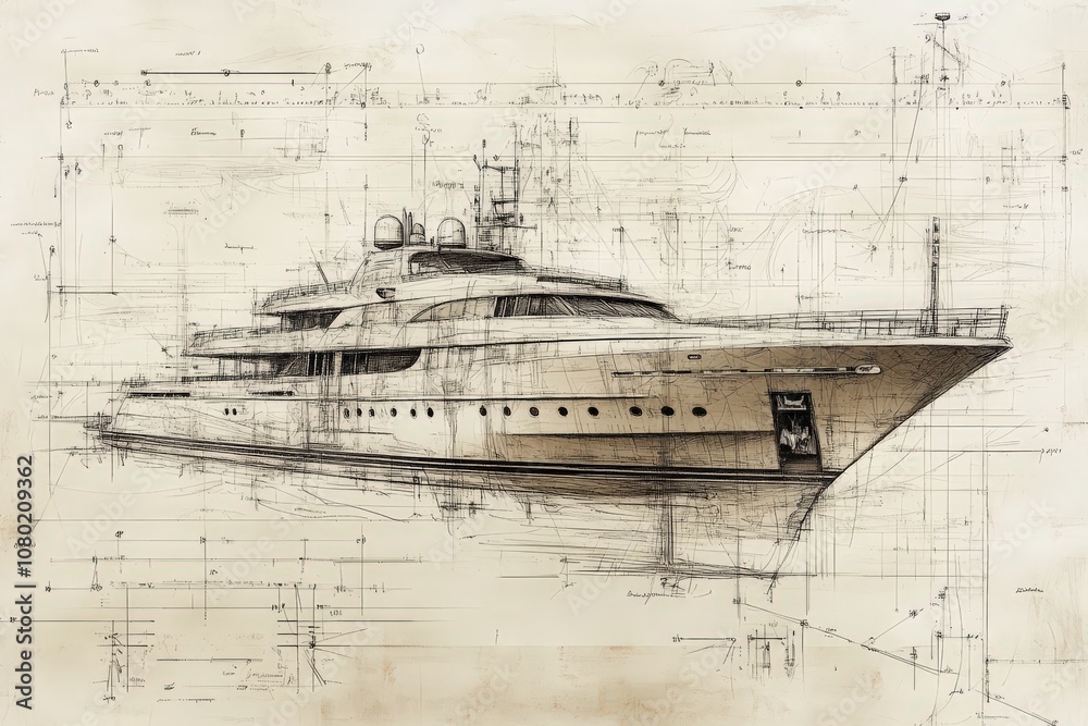 A detailed technical sketch illustrates the design of a luxury yacht, highlighting its intricate features, dimensions, and engineering plans.