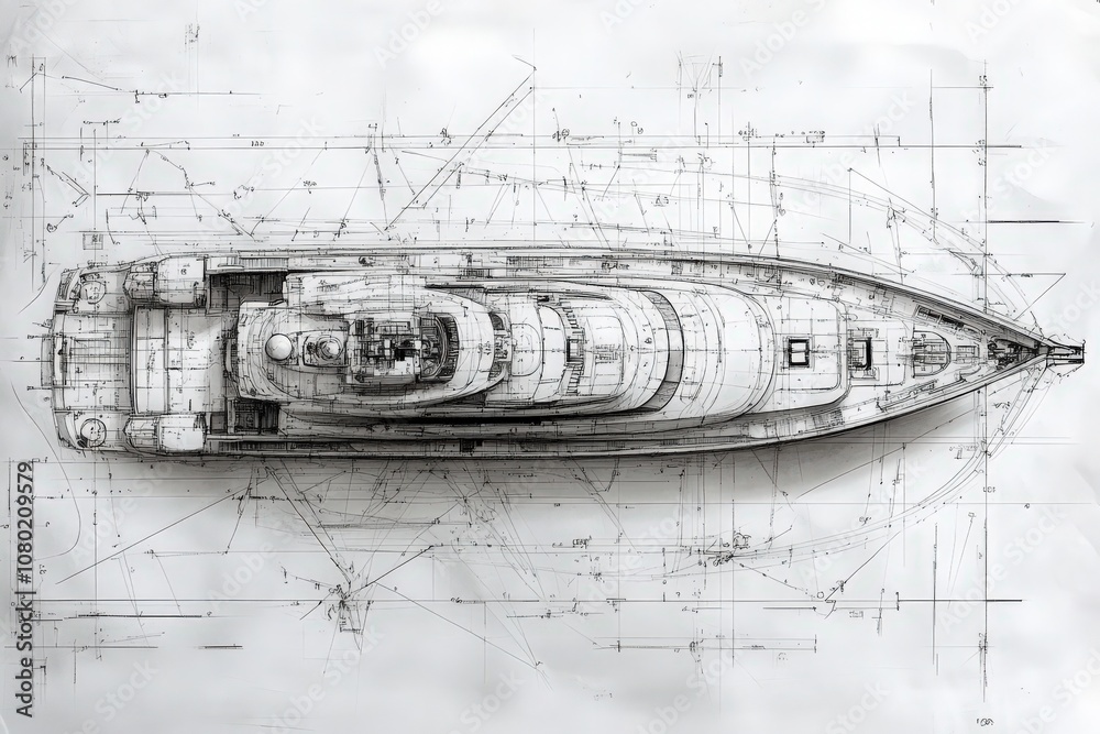 A detailed technical sketch showcases the design of a luxury yacht, featuring intricate lines, measurements, and construction elements. This drawing highlights advanced yacht architecture.