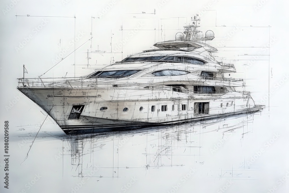 A detailed technical sketch illustrates the design of a luxury yacht, highlighting its elegant structure and intricate features, capturing the essence of sophisticated maritime engineering.