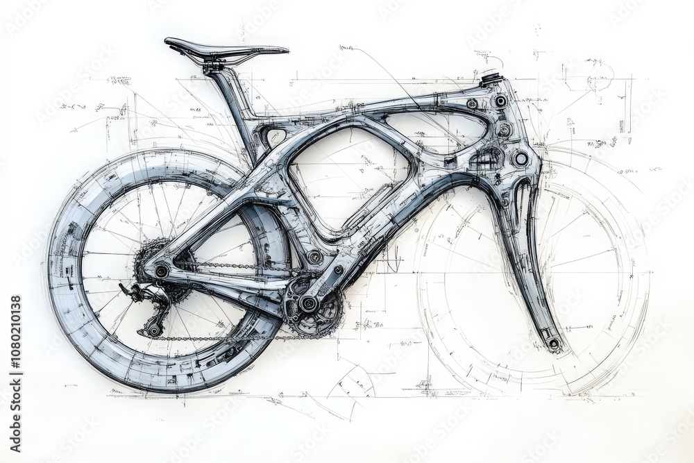 A technical sketch showcases a bicycle frame design, detailing the structure, dimensions, and engineering concepts behind the innovative cycling technology in a precise manner.