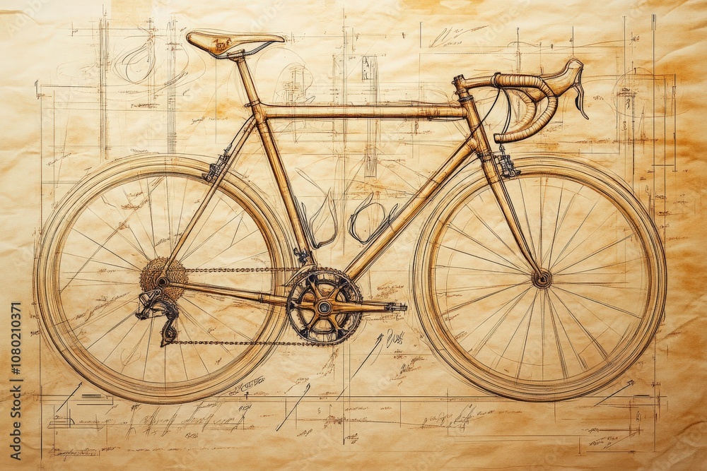 This technical sketch illustrates a bicycle frame, highlighting its structural elements, dimensions, and intricate design features, reflecting the artistry of bicycle engineering and mechanics.