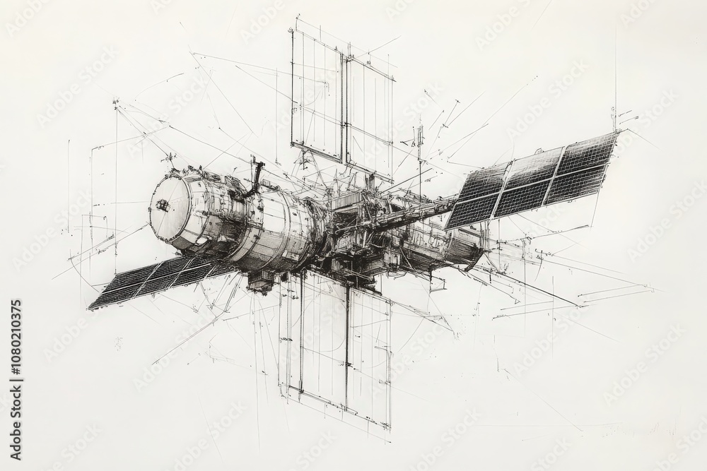 The drawing features a sophisticated communications satellite, emphasizing its technical components and engineering design. Various parts are labeled, illustrating the satellites functionality.