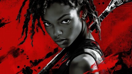 Poster - A dynamic black-and-white portrait of a fierce athlete against a red abstract background.