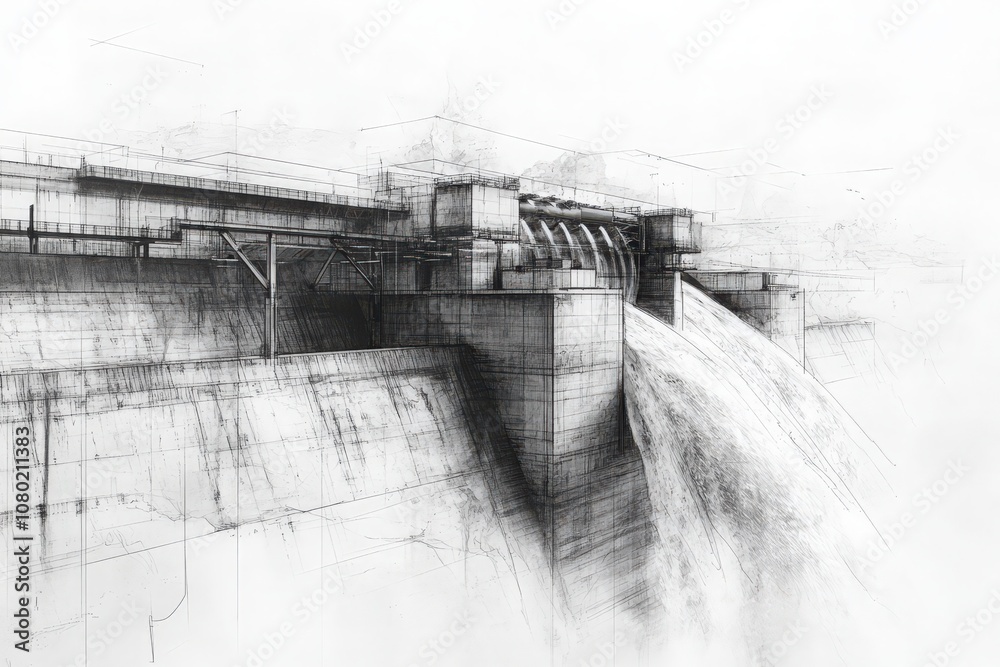 This technical sketch details a hydroelectric dam, showcasing its structure and water release mechanisms. It highlights the engineering behind harnessing water power and electricity generation.