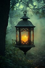 Wall Mural - An antique lantern with a candle inside, in a quiet forest at dawn. 