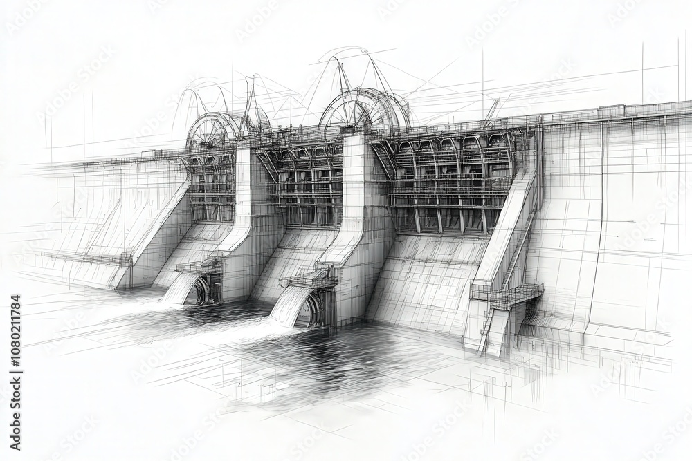 A detailed technical sketch showcases a hydroelectric dam, focusing on its structural design, water flow mechanisms, and energy generation components, emphasizing its engineering precision.