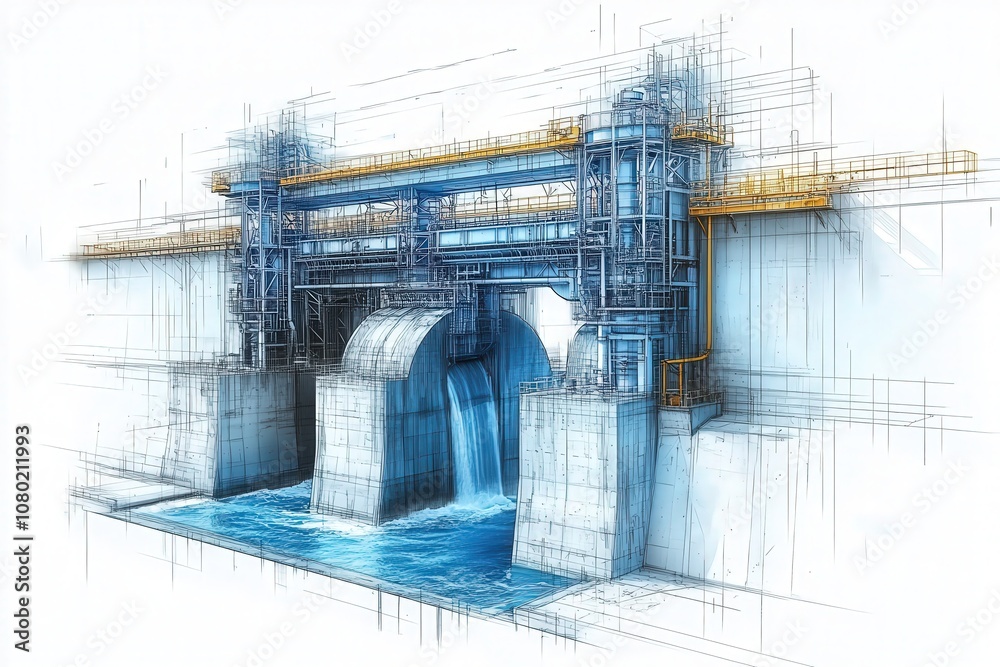 This technical sketch showcases a hydroelectric dam, focusing on its structural design, water flow mechanics, and energy production capabilities. Detailed lines highlight engineering elements.