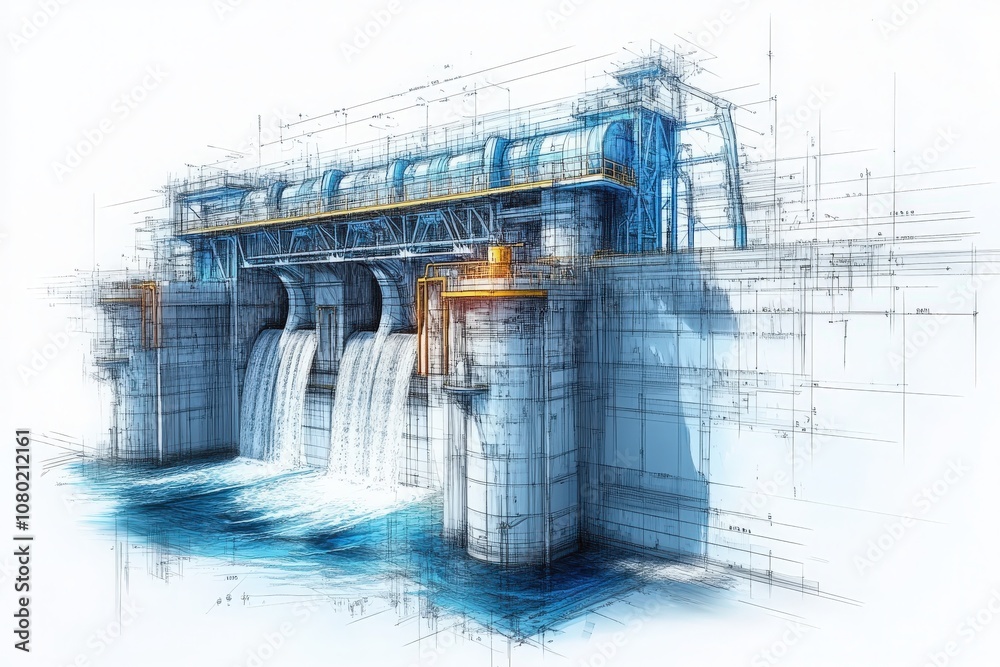 The detailed technical sketch illustrates a hydroelectric dam, showcasing the structure, water flow through gates, and engineering principles involved in renewable energy generation.