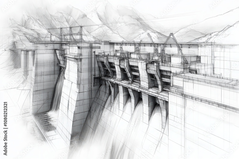 A detailed technical sketch displays a hydroelectric dam, showcasing its structure, spillways, and power generation components. The design reflects energy production in a mountainous environment.