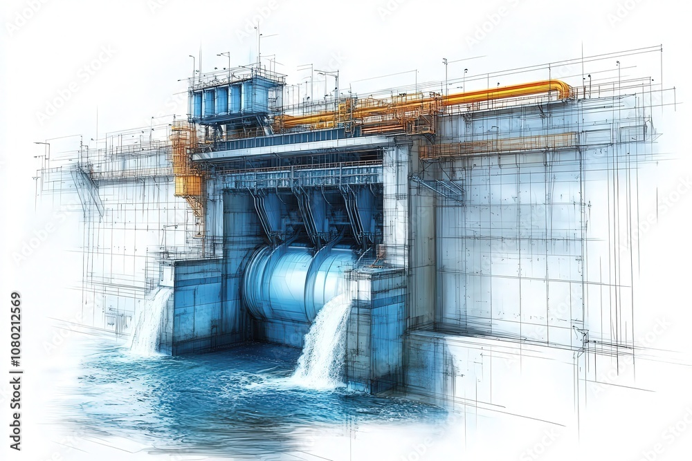 This technical sketch presents a detailed design of a hydroelectric dam, illustrating its structural elements, turbine mechanisms, and water flow.