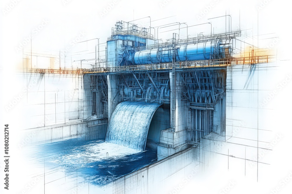 This technical sketch illustrates the design of a hydroelectric dam, emphasizing its structural elements, water flow system, and generator mechanisms contributing to energy production.