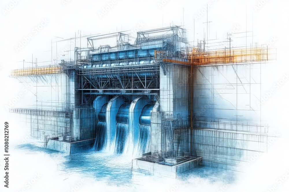 This detailed technical sketch showcases the design of a hydroelectric dam, highlighting its essential components for generating power through water flow.