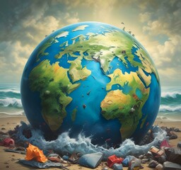 illustration of planet earth globe with plastic polution.