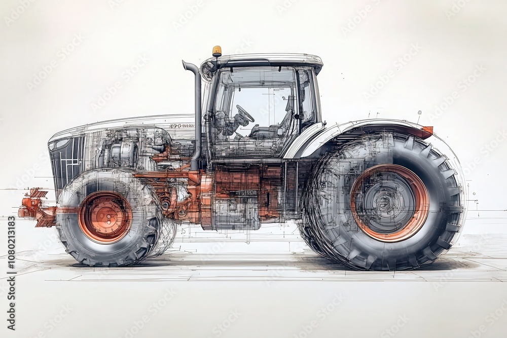 A detailed technical sketch showcases a modern tractor from a side view, featuring intricate design elements and mechanical components, emphasizing the engineering behind its powerful functionality.