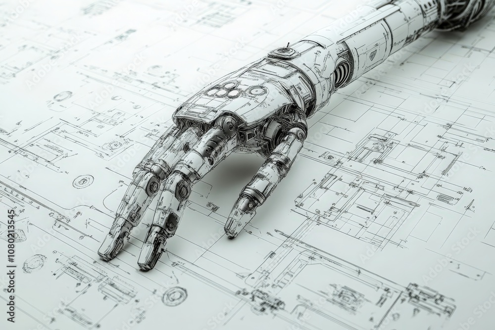 The drawing displays a meticulously designed robotic arm rendered in a technical sketch style.