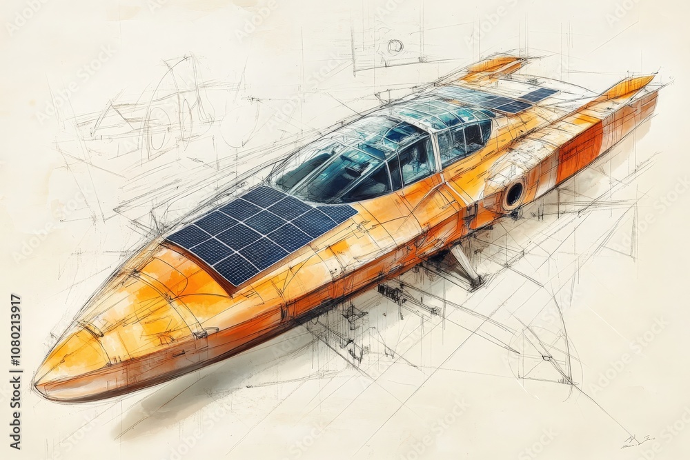 This technical sketch showcases a futuristic solar-powered vessel featuring sleek lines and solar panels on the roof, designed for enhanced efficiency in travel and exploration activities.