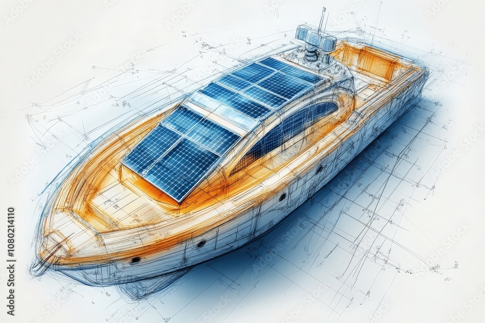This technical sketch illustrates a solar-powered boat design featuring solar panels on the roof. The drawing highlights the innovative integration of renewable energy sources in marine vessels.