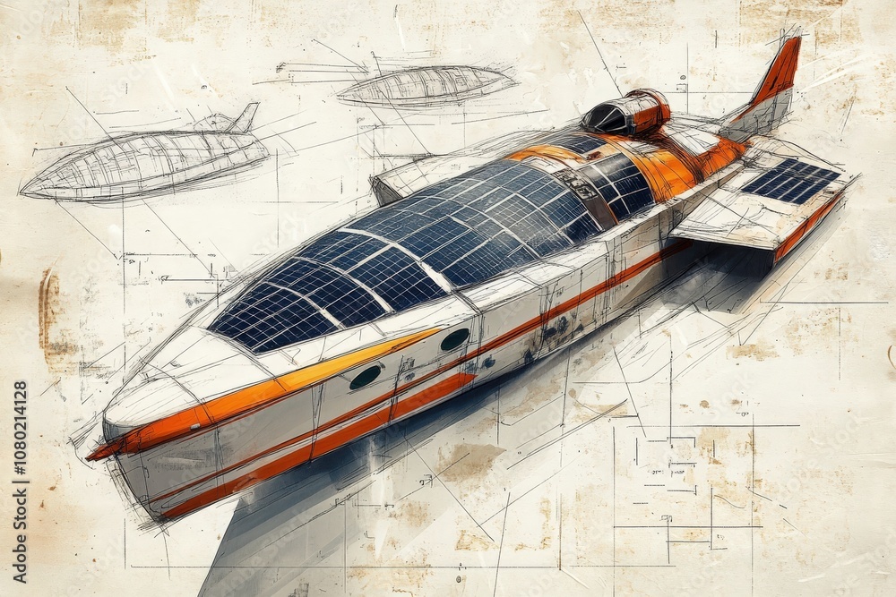 The sketch illustrates a solar-powered vessel featuring large solar panels, a streamlined design, and a futuristic aesthetic, emphasizing its efficient use of renewable energy.
