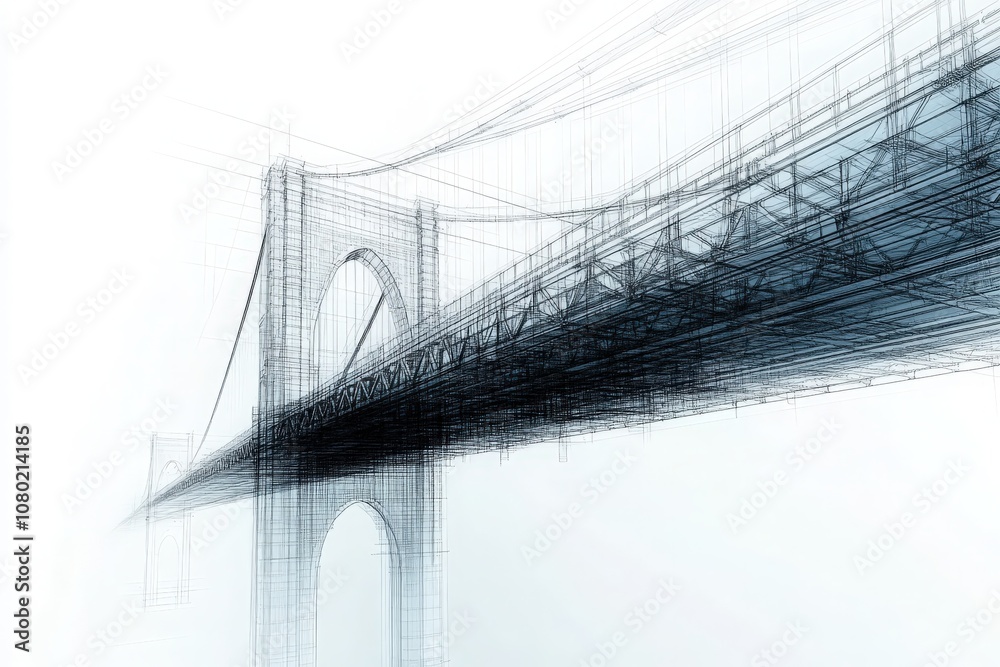 This technical sketch showcases a detailed design of a suspension bridge, illustrating its structural components and overall architecture with precision and clarity.