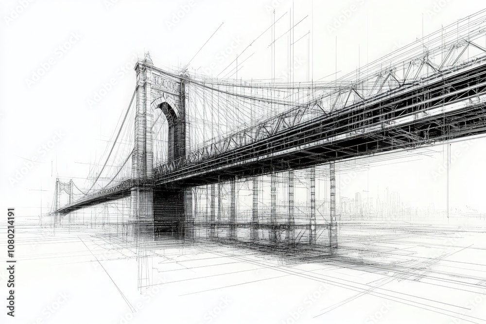 This detailed technical sketch showcases the design of a suspension bridge, emphasizing its structural components, proportions, and engineering precision. It reflects a modern architectural concept.