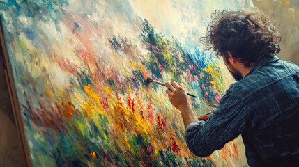 Poster - Vibrant Watercolor Art Creation by an Artist Capturing Nature's Beauty Through Brushstrokes and Colorful Textures in a Creative Studio Environment