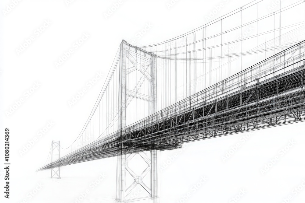 A detailed technical sketch illustrates a suspension bridge design, showcasing its intricate structural components and engineering features, emphasizing its potential functionality and aesthetics.
