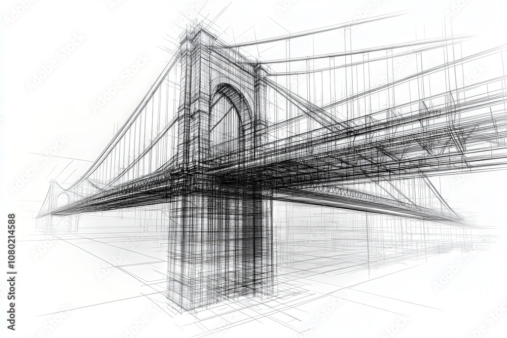 This technical sketch illustrates a suspension bridge, showcasing its architectural design and structural components. The drawing emphasizes the elegance and engineering of the bridge structure.