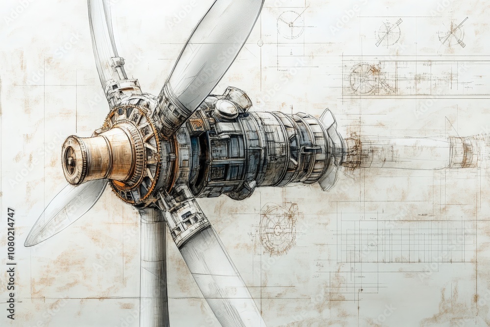 This technical sketch illustrates a wind turbine design, featuring detailed mechanical components and engineering elements.