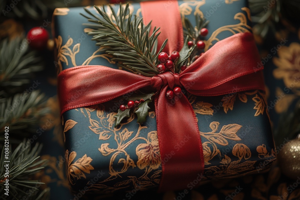 This lovely gift showcases intricate wrapping adorned with a red ribbon and natural elements, lying against a dark background surrounded by seasonal foliage. Perfect for holiday celebrations.
