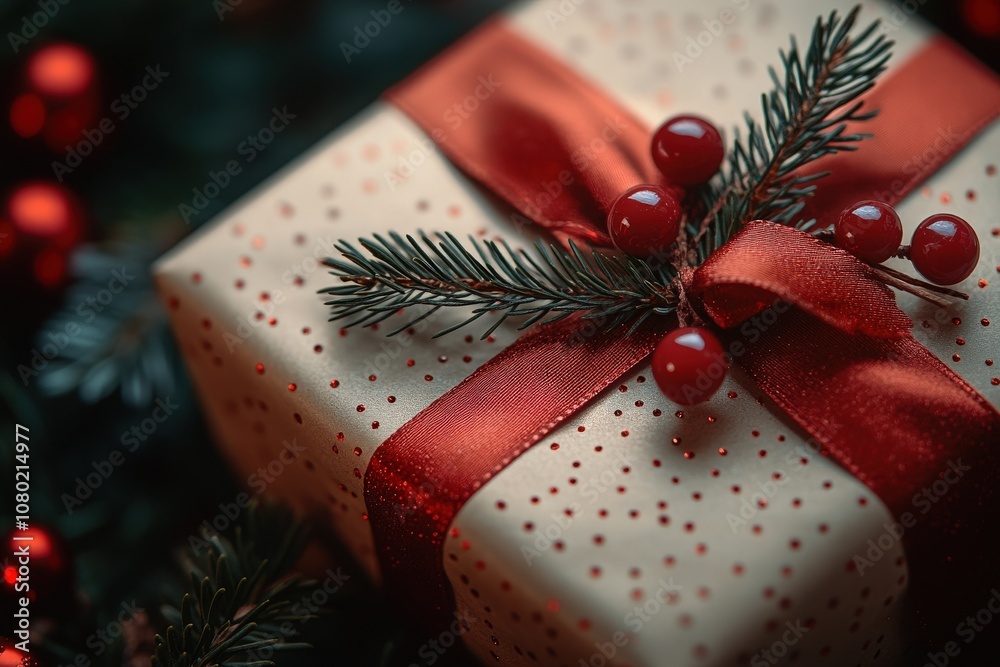 A wrapped gift sits elegantly on a surface, featuring a vibrant ribbon and decorative accents. The surrounding elements enhance the festive atmosphere, perfect for celebrations.