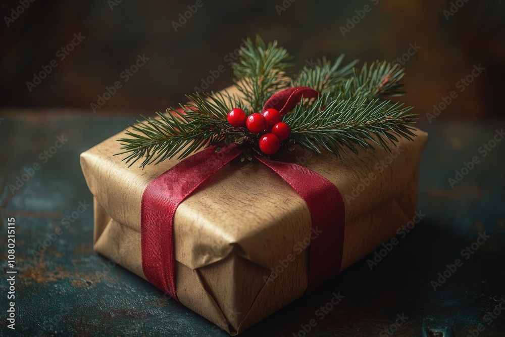 A top-down view showcases a elegantly wrapped gift adorned with greenery and red berries, evoking a festive holiday spirit against a rustic backdrop.