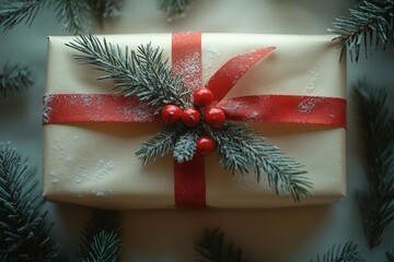 A stunning gift is elegantly wrapped in neutral paper, adorned with a red ribbon and festive greenery. Snowflakes delicately rest on the wrapping, enhancing the winter atmosphere.