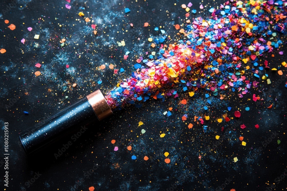 A confetti popper bursts open, sending a cascade of colorful confetti into the air, creating a festive atmosphere perfect for celebrations or parties.