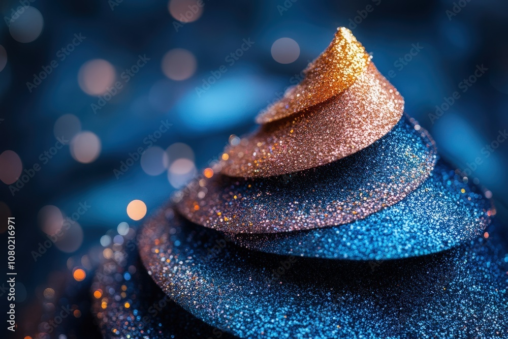 A beautifully decorated party hat showcases layered designs in shimmering colors, perfect for joyful festivities. The hats sparkly texture enhances the celebratory atmosphere.