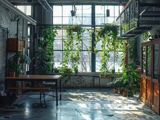 Poster - Lush Greenery with Pothos and Ferns in a Sunlit Urban Space, Showcasing a Serene Environment Amidst Modern Industrial Elements