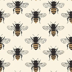 Poster - Seamless Minimal Bee Pattern Design for Fabric Use Featuring Charming Black and Yellow Bees on a Light Background, Perfect for Various Fabric Applications