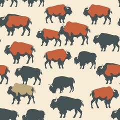 Poster - Seamless Minimal Bison Pattern Design for Fabric Applications Featuring Diverse Bison Shapes in Earthy Tones on a Soft Neutral Background