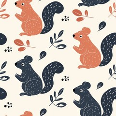 Poster - Minimalist Seamless Pattern Featuring Playful Squirrels and Leaves Ideal for Fabric Design or Wallpaper with a Whimsical Touch