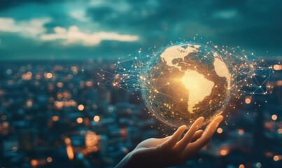 Poster - A hand holds a glowing globe, symbolizing global connection and technology.