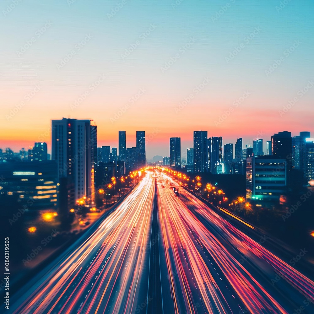 Abstract cityscape at dusk with a blend of natural and artificial lighting, high contrast, dynamic colors