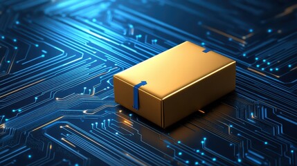 Poster - Golden block on circuitry, symbol of technological innovation in electronics and digital connectivity