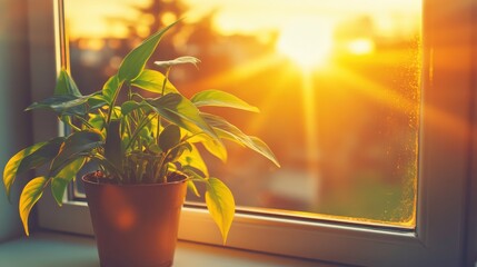 Canvas Print - Sunlight streaming through a window with a plant.