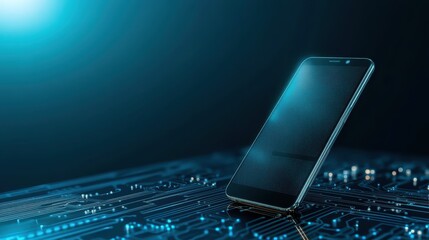 Poster - Modern cell phone on an electric circuit board with futuristic blue technology background. illustrates concepts of digital communication, mobile technology, and electronic innovation.